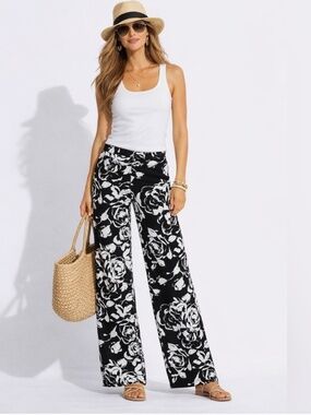 Lauren Ralph Lauren Black and White Floral Wide Leg Flowy Pants Size 14